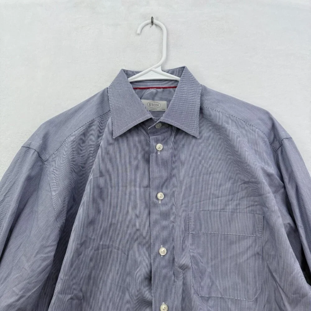 Eton Shirt Men 42 16.5 Blue Stripe Classic Fit Pocket Button Up